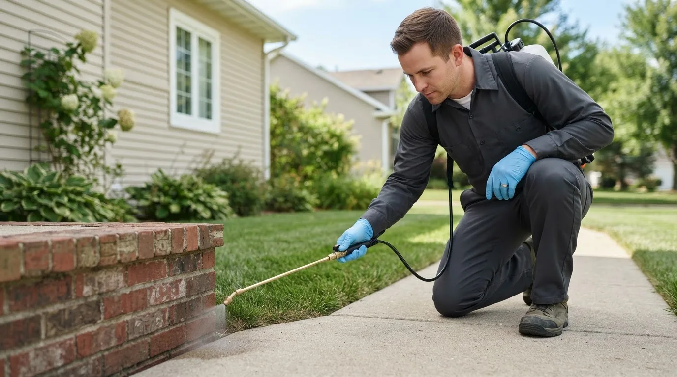 Pest control technician treating a home near Traskwood, AR