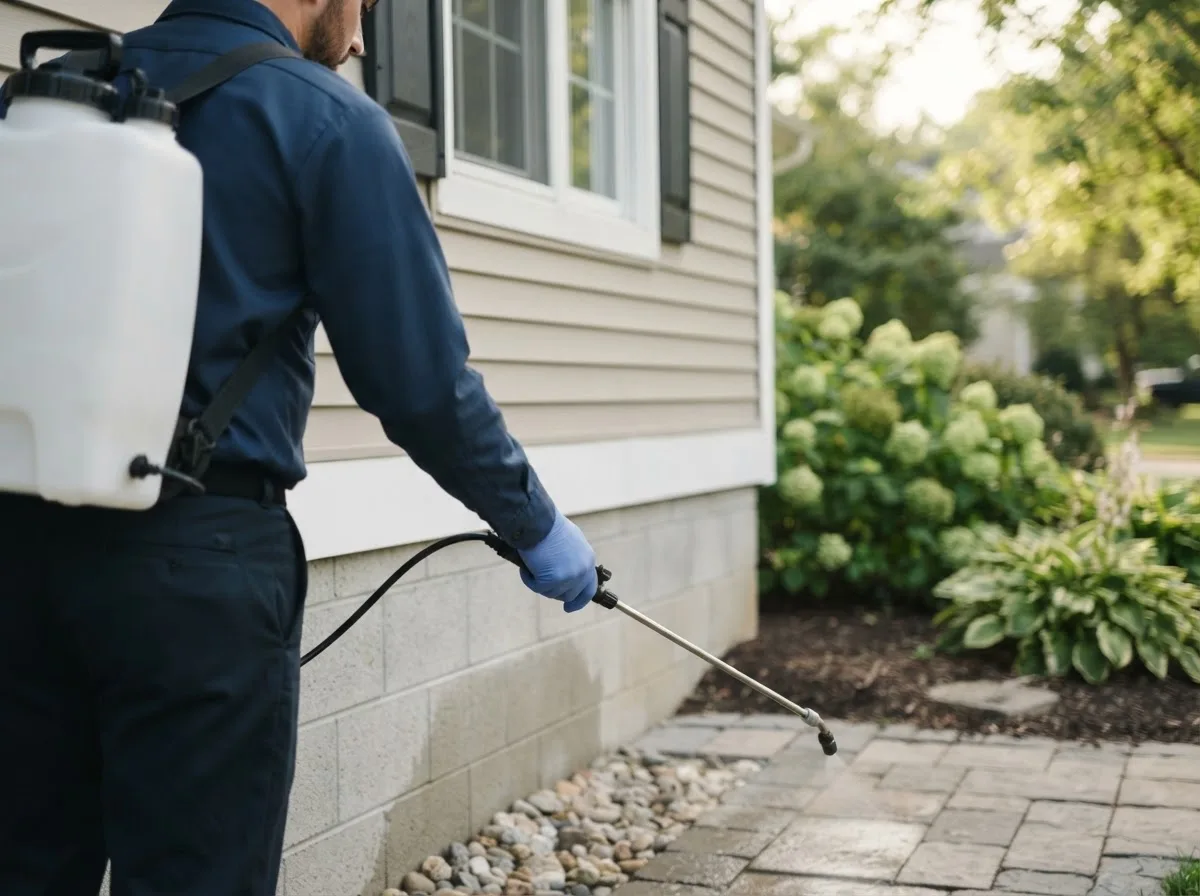 Pest control technician inspecting a home in Traskwood, AR